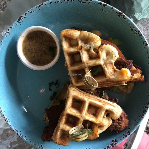 Chick’n & waffles sandwich  at Oh My Soul in Charlotte