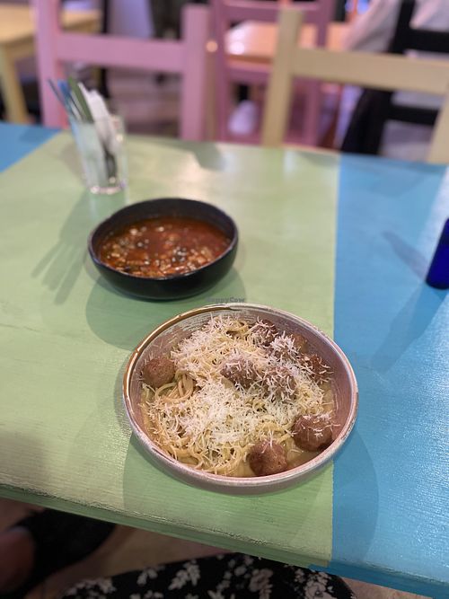 Solyanka and vegan cheese pasta with meatballs at Vegan Beats in St Petersburg