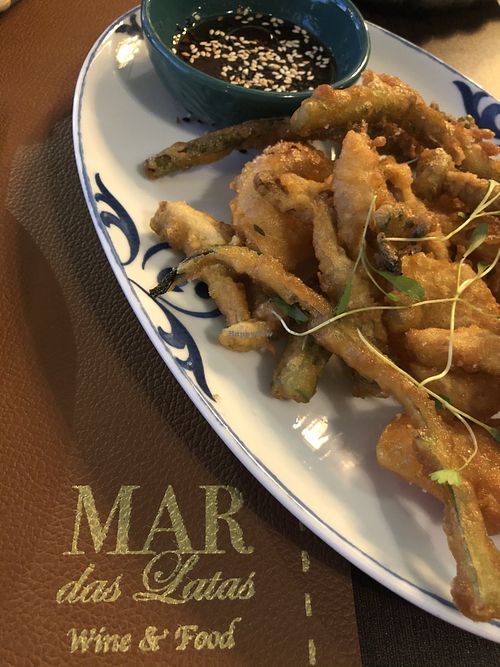 Vegetables and mushrooms tempura!!! Amazing sauce :) at Mar das Latas Wine & Food in Ericeira