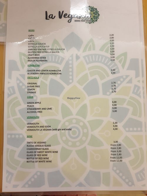 Menu at La Vegana Taperia in Malaga