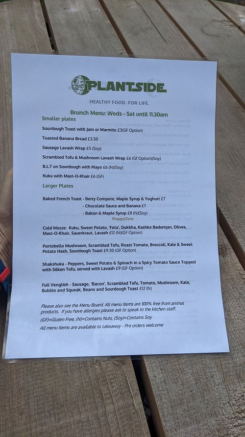 Menu at Plantside in Wellington