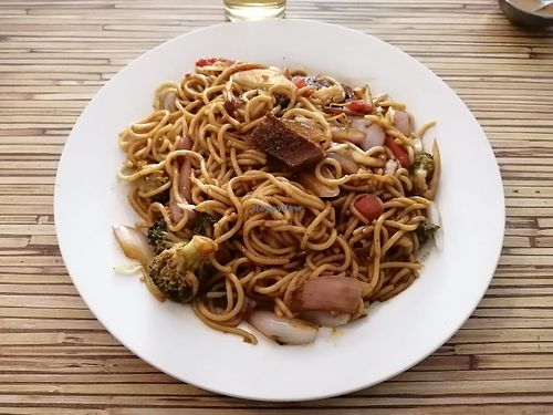 Meal of the day: noodles veggies and mock meat at Loving Hut - Orbegoso in Trujillo