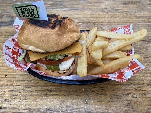 Moving mountains burger with fries at Lickety Split in Footscray