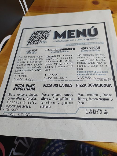 Menu Page 1 at Mercy Vegan Food in Bogota