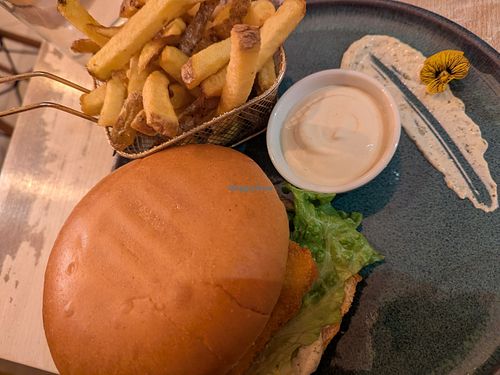 Fish burger and fries at Vegorilla in Montpellier