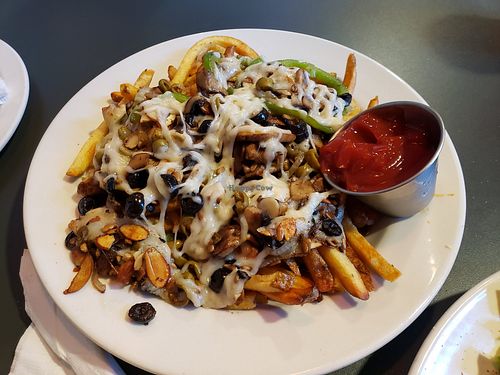 loaded vegan fries. yum at Pedaler's Pub in Bentonville