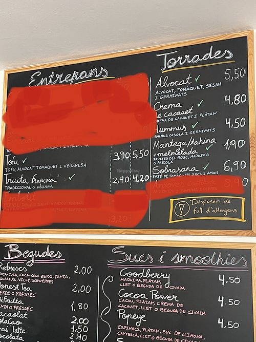 Menu july 2023. Vegan options😄there are more options on the menu and counter  at Arte-sans in Castelldefels