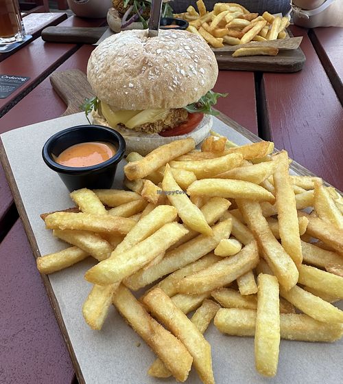 Vegan Jalapeño Burger with fries and sriracha mayo.   at Cafe Del Sol in Hamm