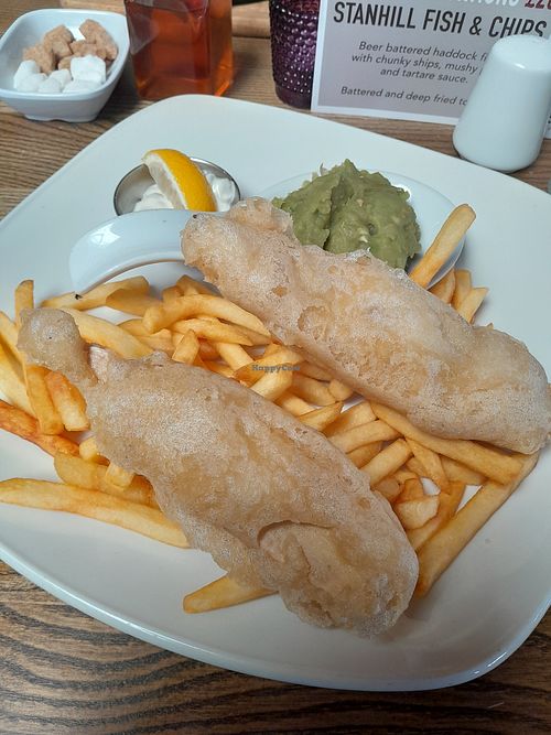 Banana blossom fish and chips. at The Stanhill in Oswaldtwistle