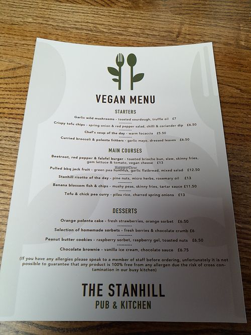 Vegan menu at The Stanhill in Oswaldtwistle