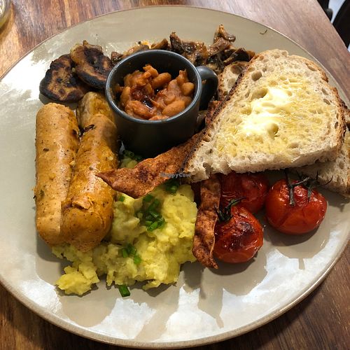 Big breakfast - tofu scramble, sausages, bacon, tomato, homemade beans, mushrooms and toast  at Mother Nature in Cardiff