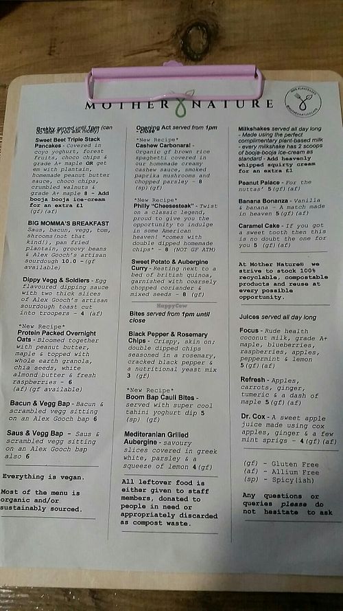 Menu at Mother Nature in Cardiff