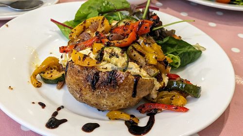 Jacket potato, houmous & roast vegetables at Ginny's Teapot in Hawkshead