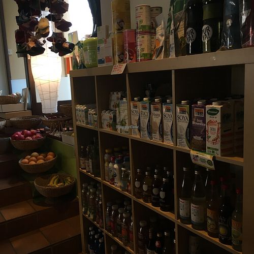 Good selection of non-dairy options; fresh fruits and veggies are not only in the baskets by the window, but also in some refrigerators along the wall.  at SaporiBio in Lugano