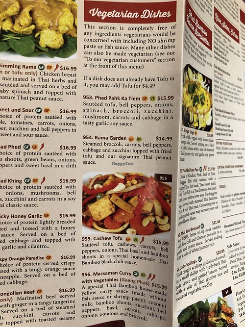 Vegetarian section of the menu  at Thai Bamboo in Coeur D Alene