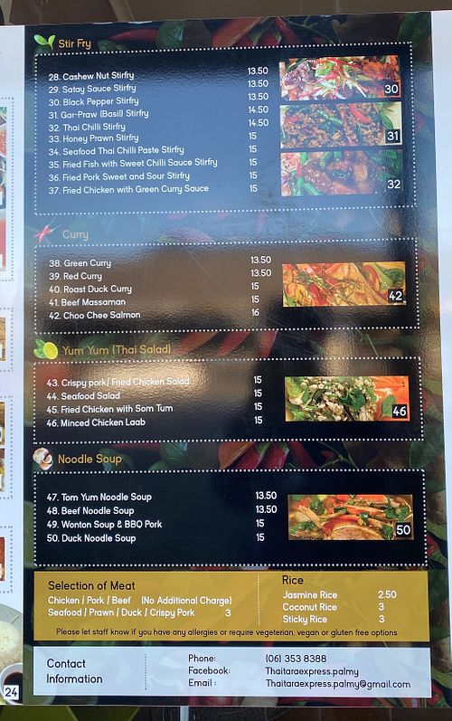 Menu at Thai Tara Express in Palmerston North