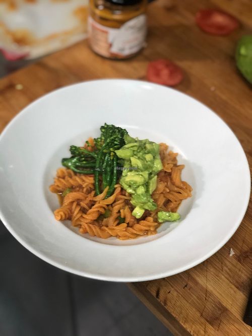 buckwheat pasta with saute bimi and smoked avocado at Arrebol in Cadiz