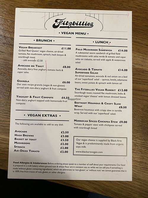 vegan menu at Fitzbillies - Trumpington in Cambridge