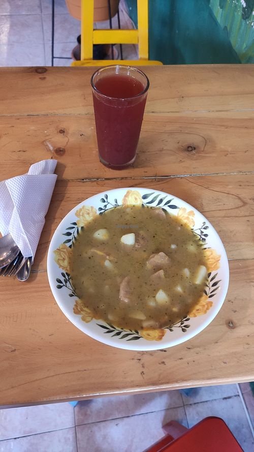 Sopa de platano y jugo at Madreselva in Bogota