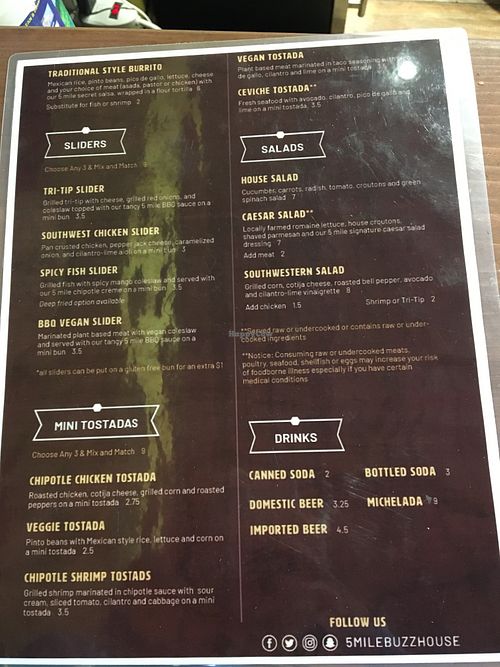 back of menu  at 5 Mile Buzz House in Corralitos