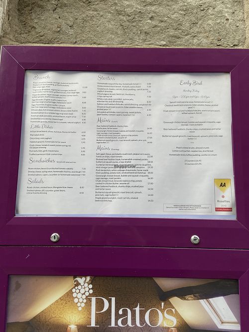Menu March 2020 at Plato's in Kirkby Lonsdale