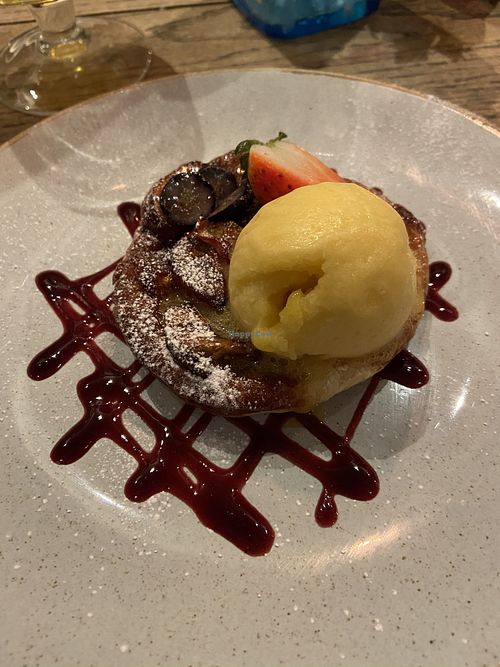 Salted caramel banana tarte tatin with mango sorbet  at The Royal Hotel in Kirkby Lonsdale