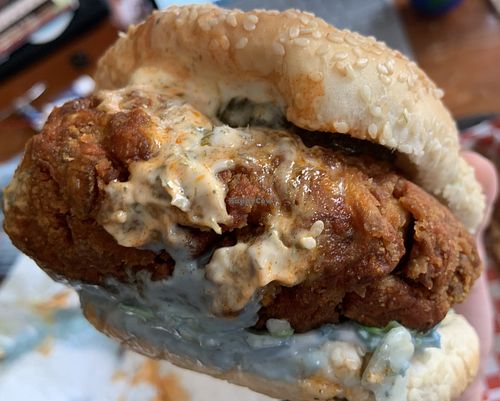 Oyster mushroom chicken patty sandwich, my new favorite at S.V.E! at Sunshine Vegan Eats in Buffalo