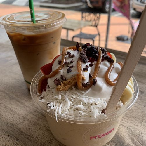 Salted Caramel Bowl and Iced Soy Latte at Protein Shake  in Coolangatta