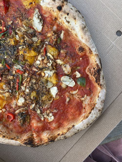 pizza 1 with chillies, mushrooms and tomatoes at Franco Manca in Cambridge