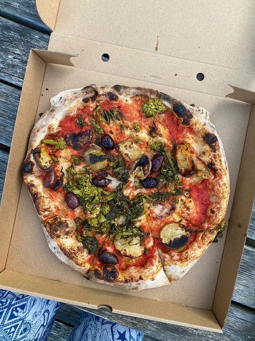 tomato, olive, italian broccoli and potato vegan special at Franco Manca in Cambridge