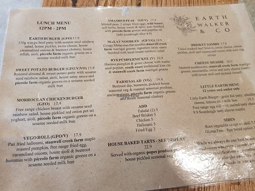 Lunch menu at Earth Walker & Co in Coledale