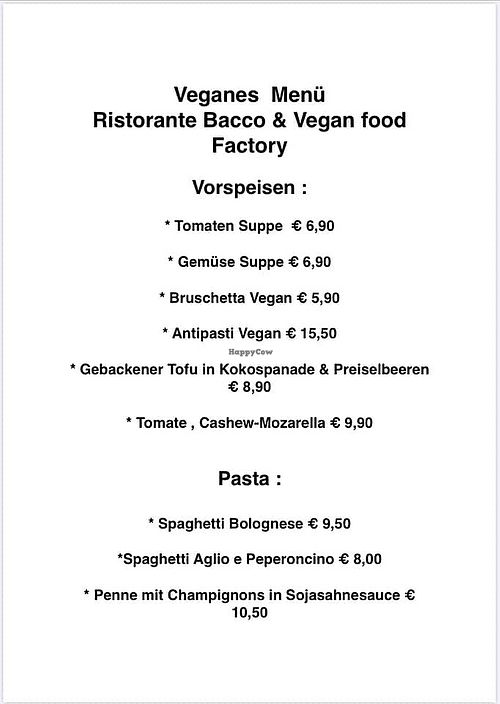 Menu at Ristorante Bacco in Bonn