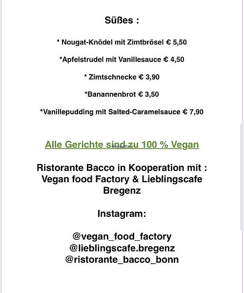 Menu at Ristorante Bacco in Bonn