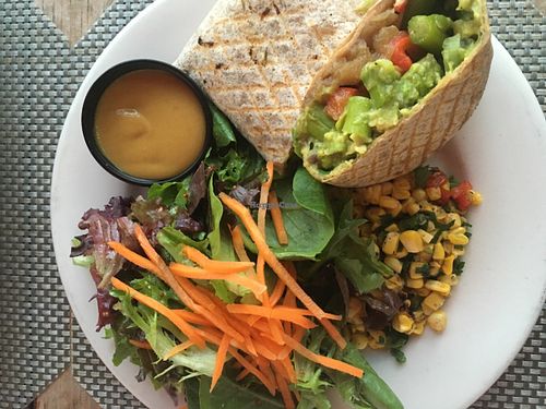Asparagus fajita with greens and sweet corn salad (vegan) at The Cafe at Books and Books in Miami Beach