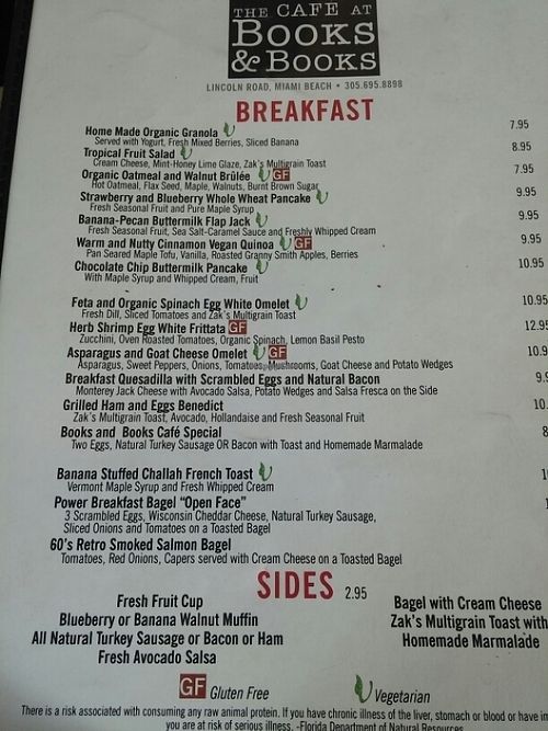 Menu  at The Cafe at Books and Books in Miami Beach