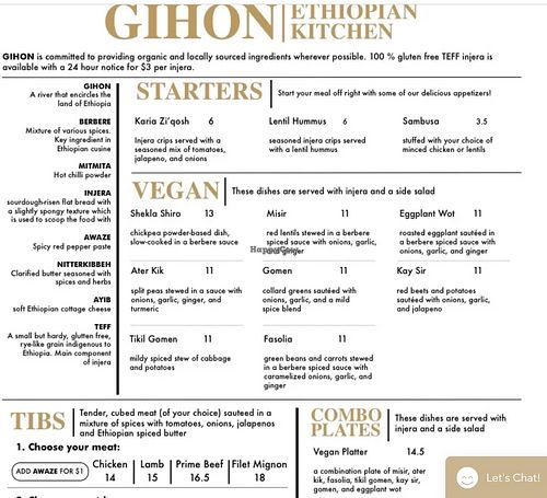 Menu at Gihon in San Diego