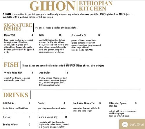 Menu at Gihon in San Diego
