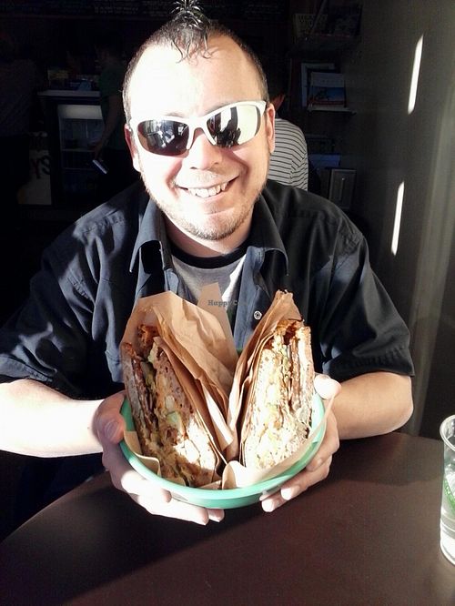 Colossal Grilled Reuben 
= 
Marinated tempeh, Daiya cheese, sauerkraut, and pickles with housemade Thousand Island Dressing...
+
grilled onions, jalapenos, avocado and housemade Chipotle Dressing. Served on rye bread.

Colossal it is, indeed! ~ at Nature's Express in Berkeley