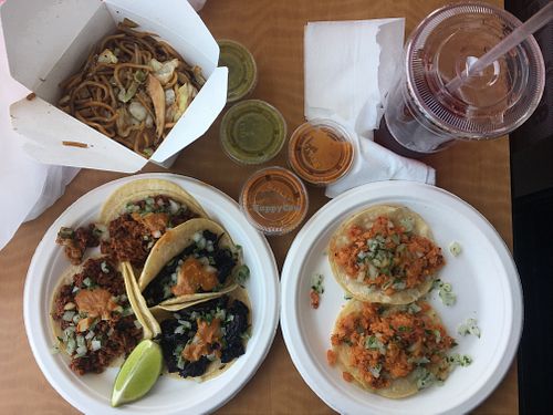 Vegan tacos and chow mein at Sunny Express Mexican Chinese in Compton