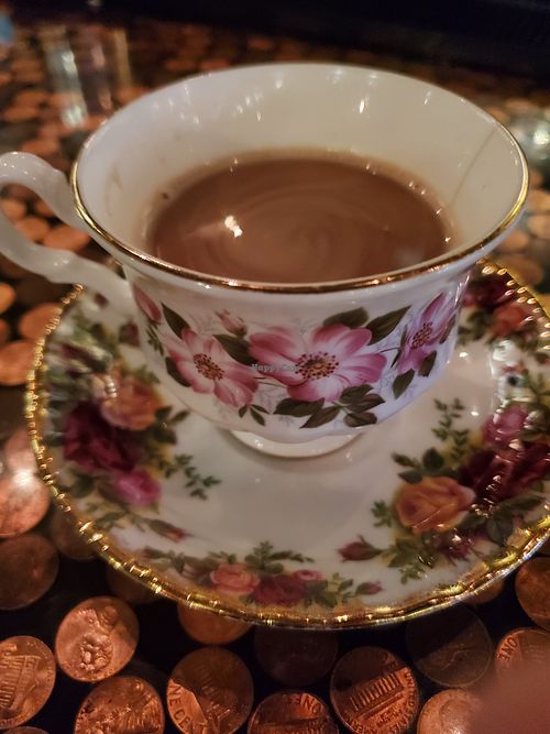 Hot tea with non dairy creamer at Top Burmese in Beaverton