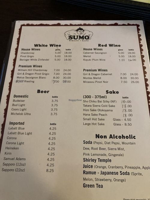 Menu drink at SUMO in Rochester