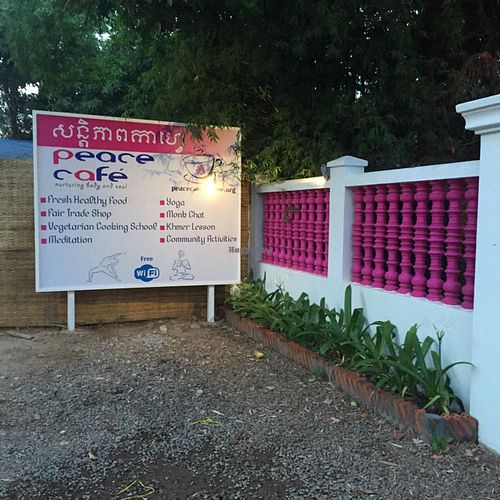 The front sign at Peace Cafe in Siem Reap