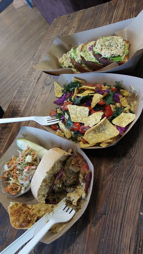 Veggie burger, nachos and avocado chickpea toast at Plantz Cafe in Dracut