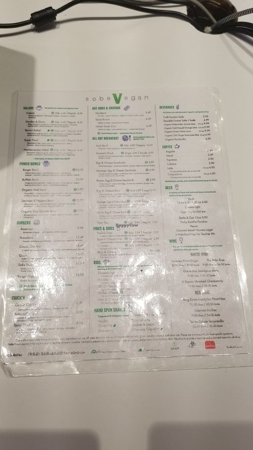Menu at SoBe Vegan in Fort Lauderdale