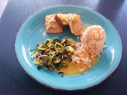 Baked tofu with lemon leek and rice
 at Valea in Regensburg