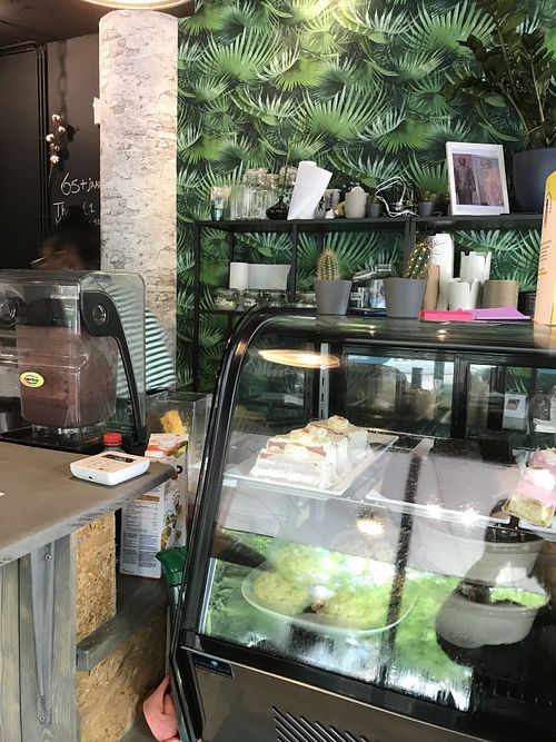 Deli case with desserts at Yemaya's Vegan Corner in Amsterdam
