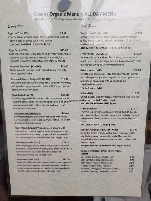 Menu 1 at Green's Organics in Glenelg