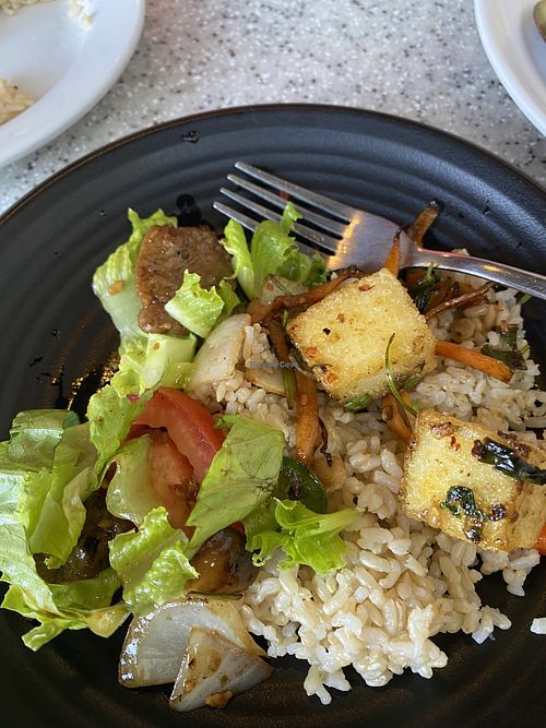 Salt and pepper tofu with a little of my husband’s entree too!  at Mitasie 3 in Huntington Beach