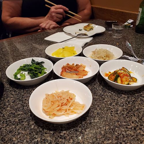 Kimchi assortment with a Main dish at Soban Korean Cuisine in Petaluma