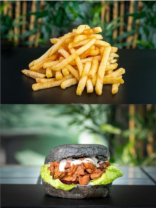 Air fried chips and The Black burger with pulled jackfruit at Five Buns in South East London